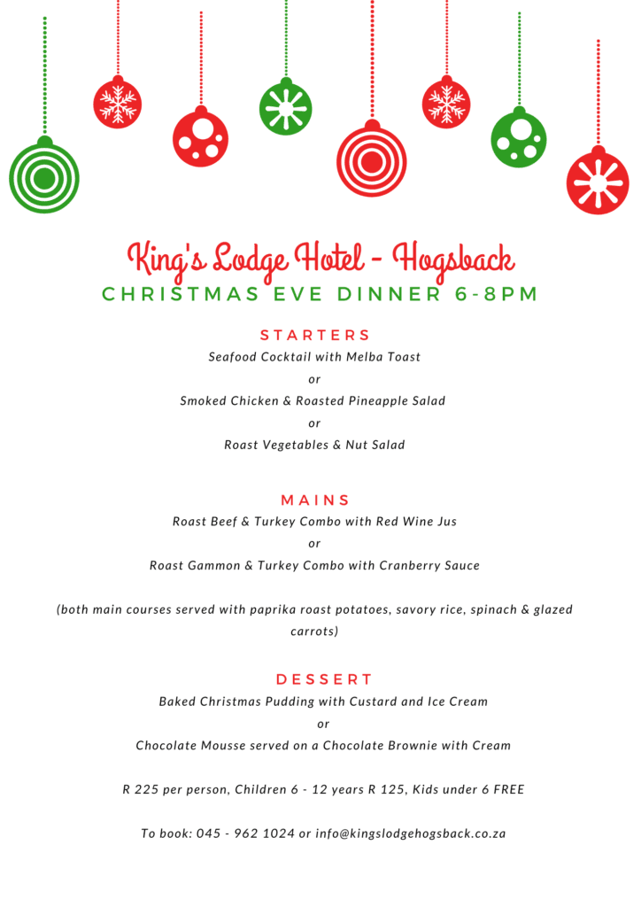 Christmas Eve menu King's Lodge Hogsback